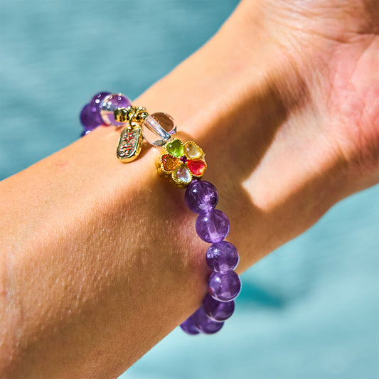 Amethyst White Crystal Flower Charm Bracelet