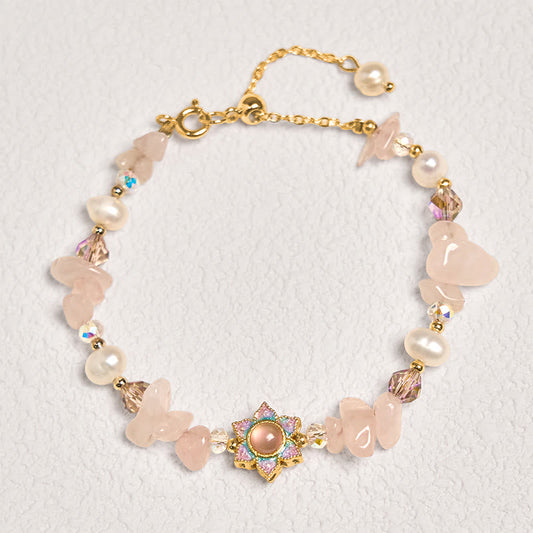 Gravel Rose Quartz Flower Pearl Bracelet