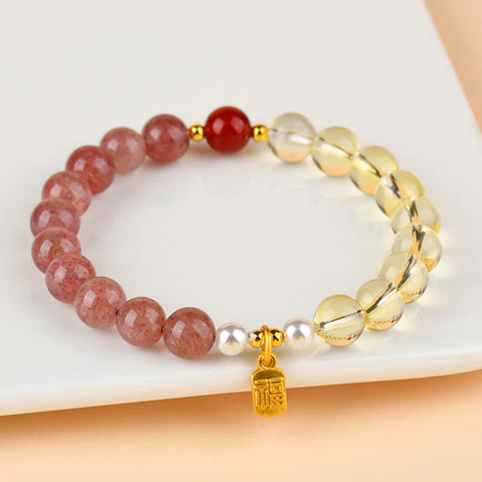 Strawberry Quartz Citrine Fu Character Bracelet