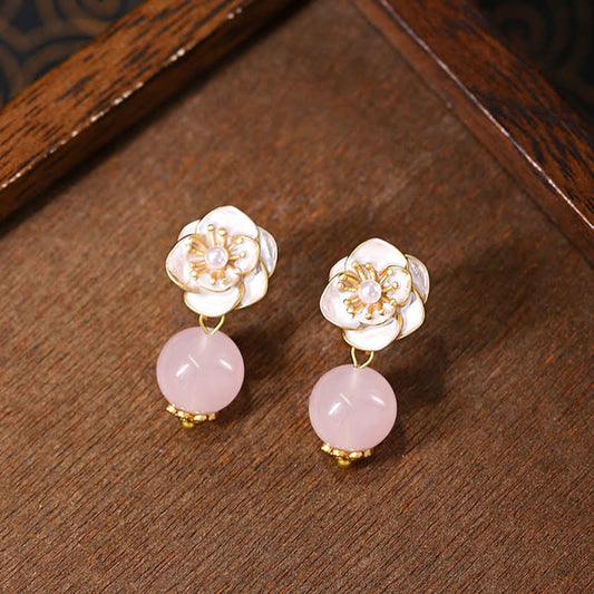Rose Quartz Camellia Drop Earrings