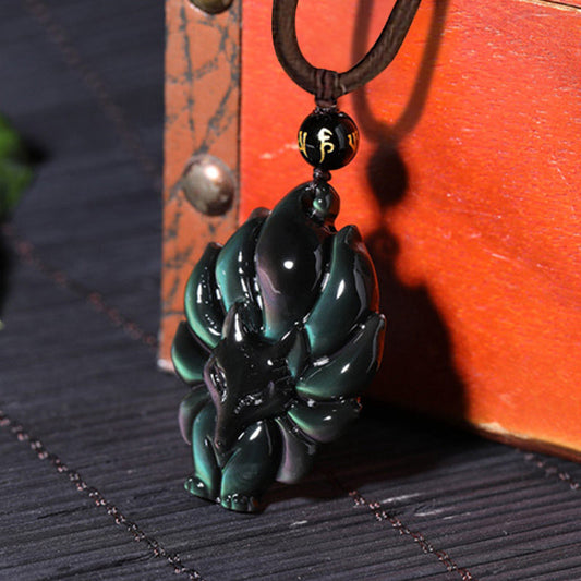 Obsidian Nine-Tailed Fox Pendant Necklace