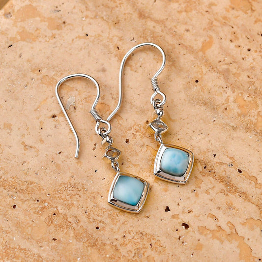 Larimar and White Zircon J-Hook Dangling Earrings in 925 Silver