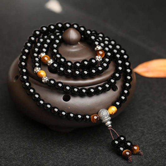 Black Obsidian Tiger's Eye Mala Bracelet