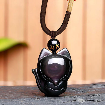 Obsidian Nine-Tailed Fox Pendant Necklace