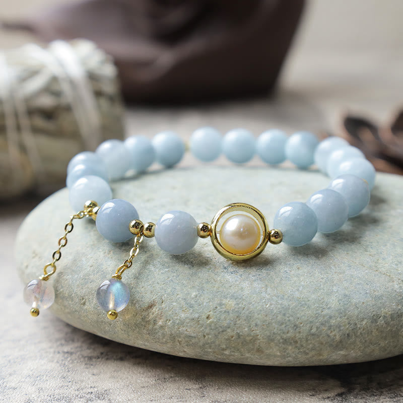 Aquamarine Pearl Moonstone Beads Charm Bracelet