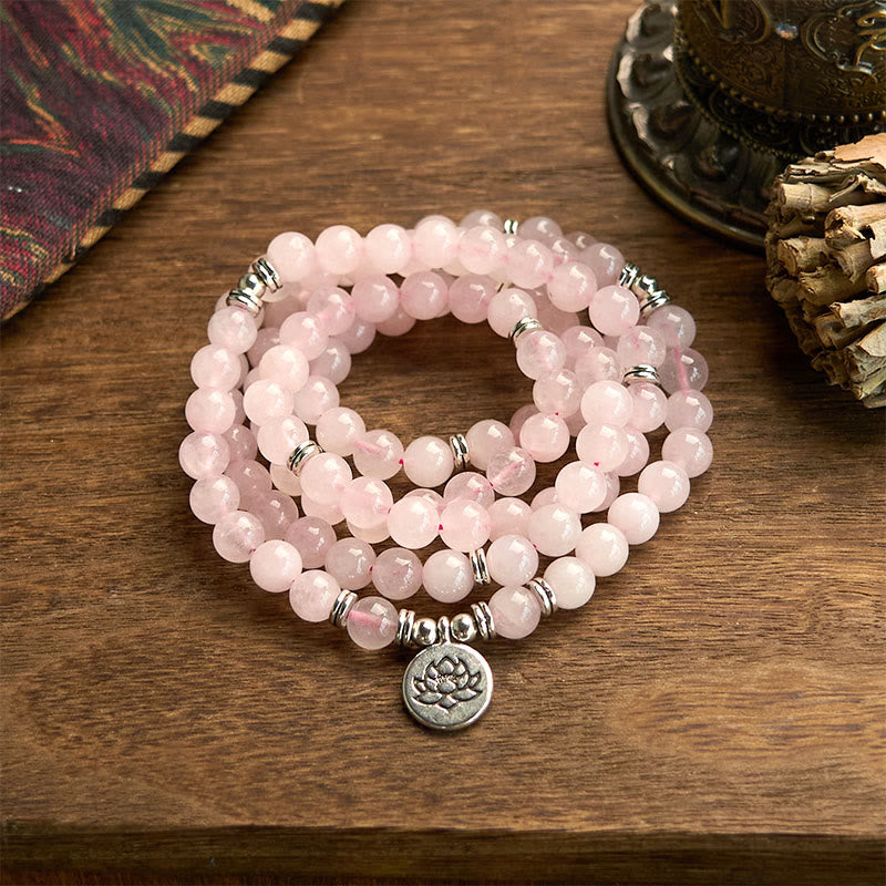 108 Beads Rose Quartz Lotus Mala Bracelet by Worn Within