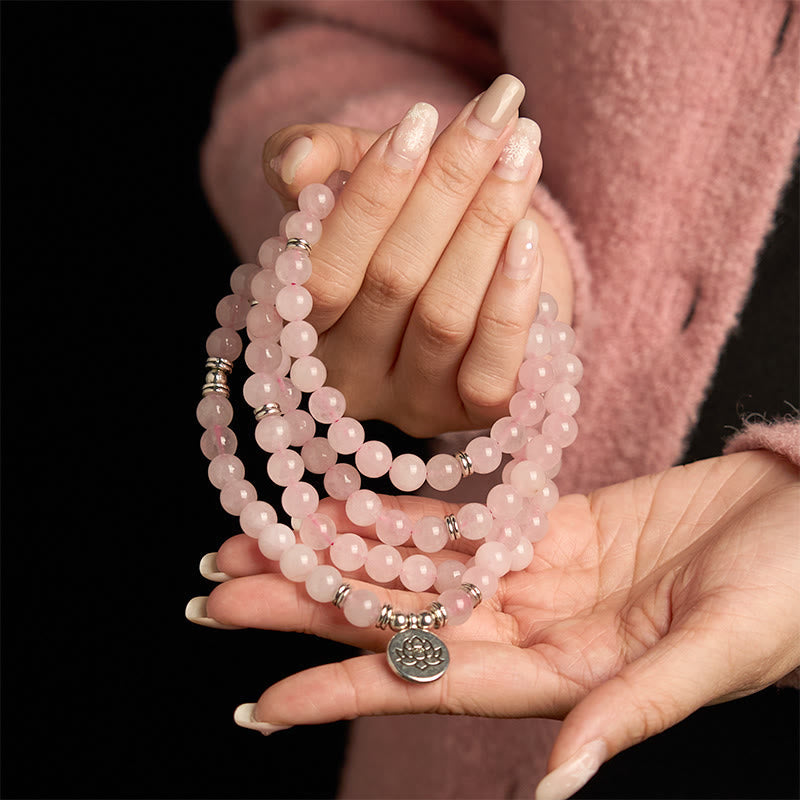 108 Beads Rose Quartz Lotus Mala Bracelet