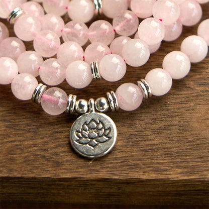 108 Beads Rose Quartz Lotus Mala Bracelet