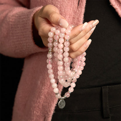 108 Beads Rose Quartz Lotus Mala Bracelet