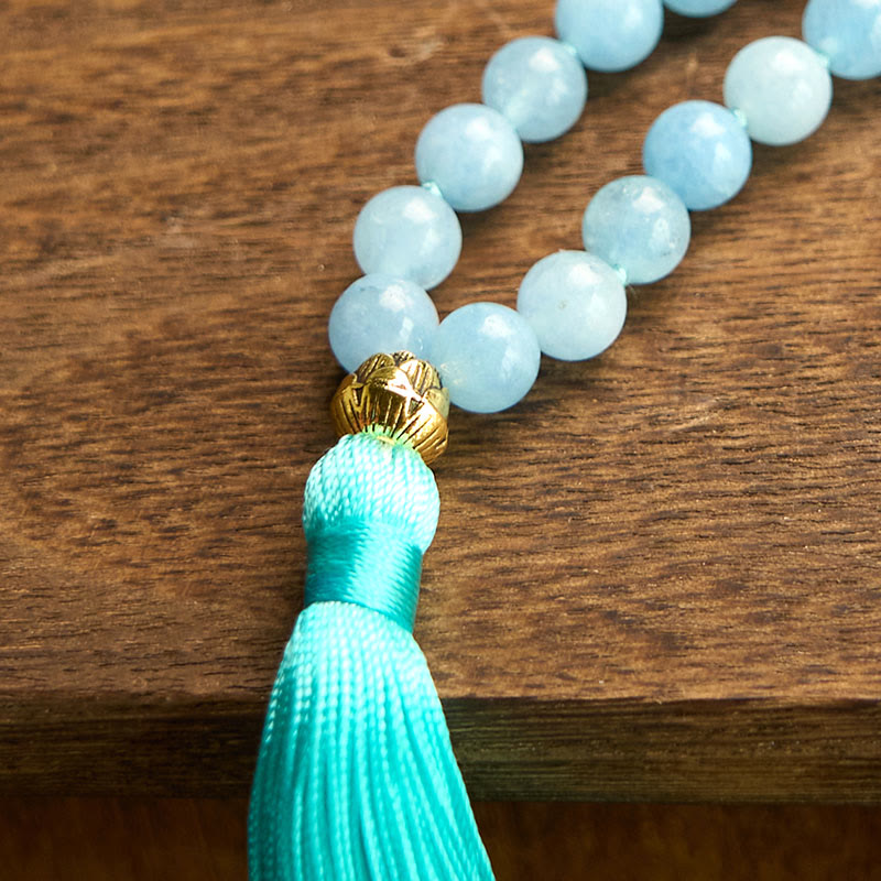 108 Beads Aquamarine Tassel Lotus Mala Bracelet