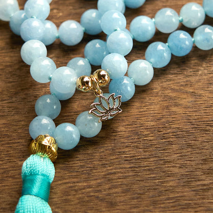 108 Beads Aquamarine Tassel Lotus Mala Bracelet