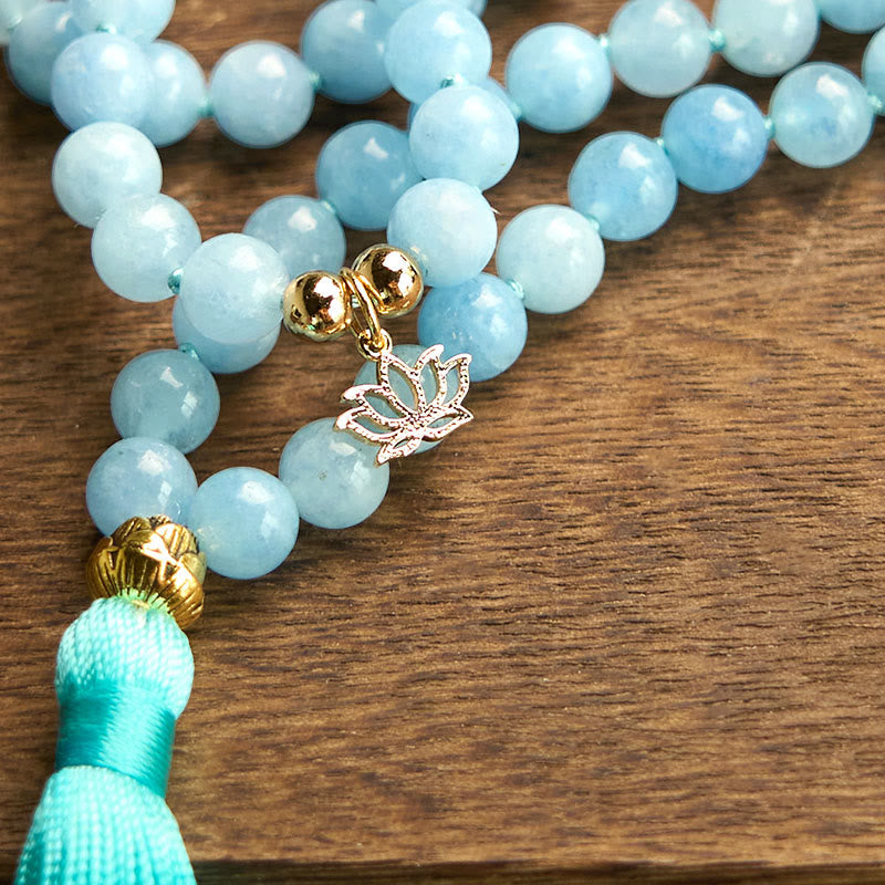 108 Beads Aquamarine Tassel Lotus Mala Bracelet