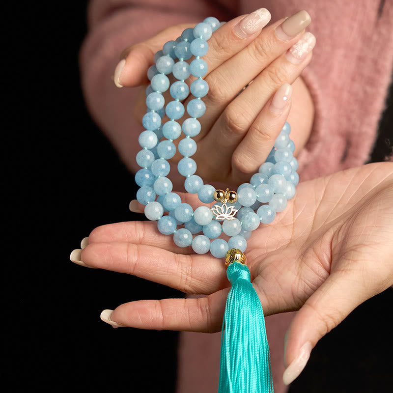 108 Beads Aquamarine Tassel Lotus Mala Bracelet