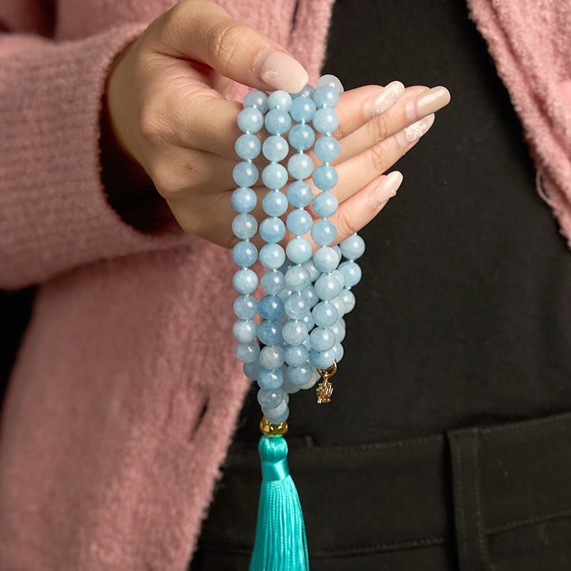 108 Beads Aquamarine Tassel Lotus Mala Bracelet
