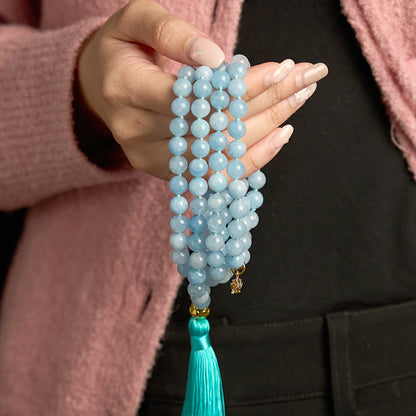 108 Beads Aquamarine Tassel Lotus Mala Bracelet