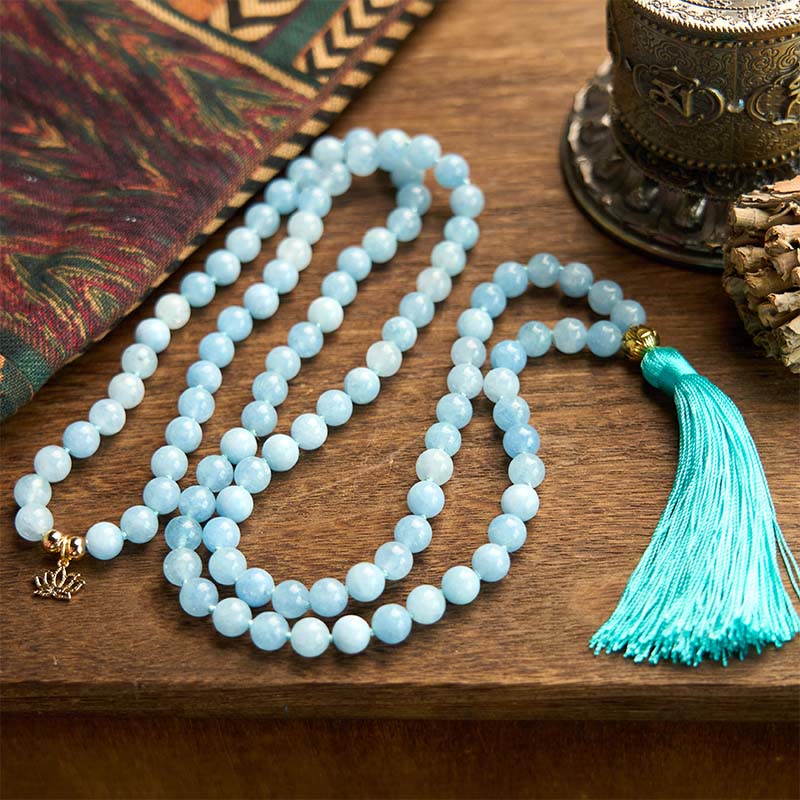 108 Beads Aquamarine Tassel Lotus Mala Bracelet