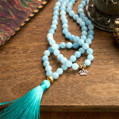 108 Beads Aquamarine Tassel Lotus Mala Bracelet