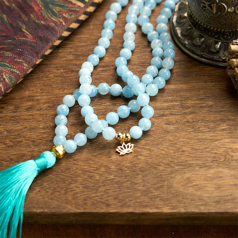 108 Beads Aquamarine Tassel Lotus Mala Bracelet