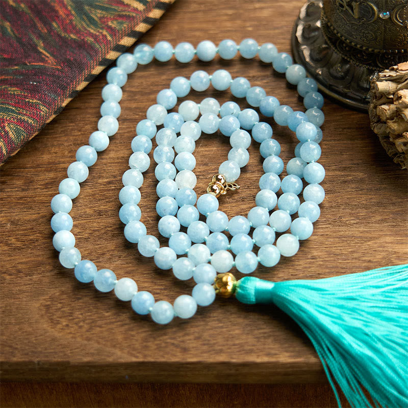 108 Beads Aquamarine Tassel Lotus Mala Bracelet