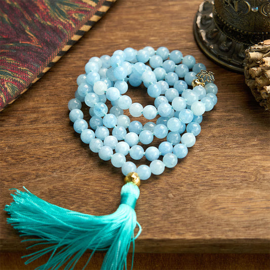 108 Beads Aquamarine Tassel Lotus Mala Bracelet by Worn Within