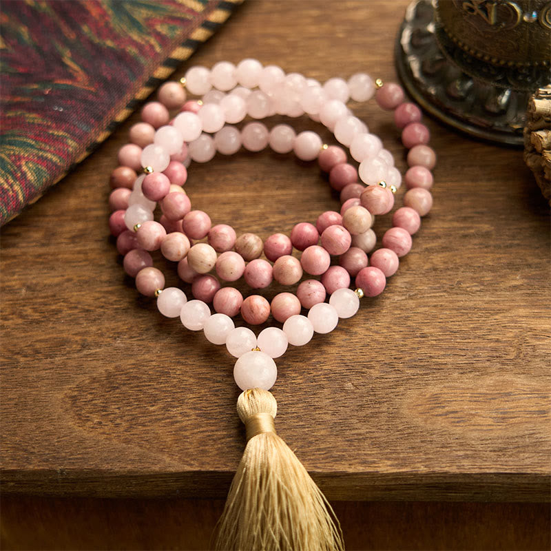 108 Beads Rhodonite Rose Quartz Mala Bracelet by Worn Within
