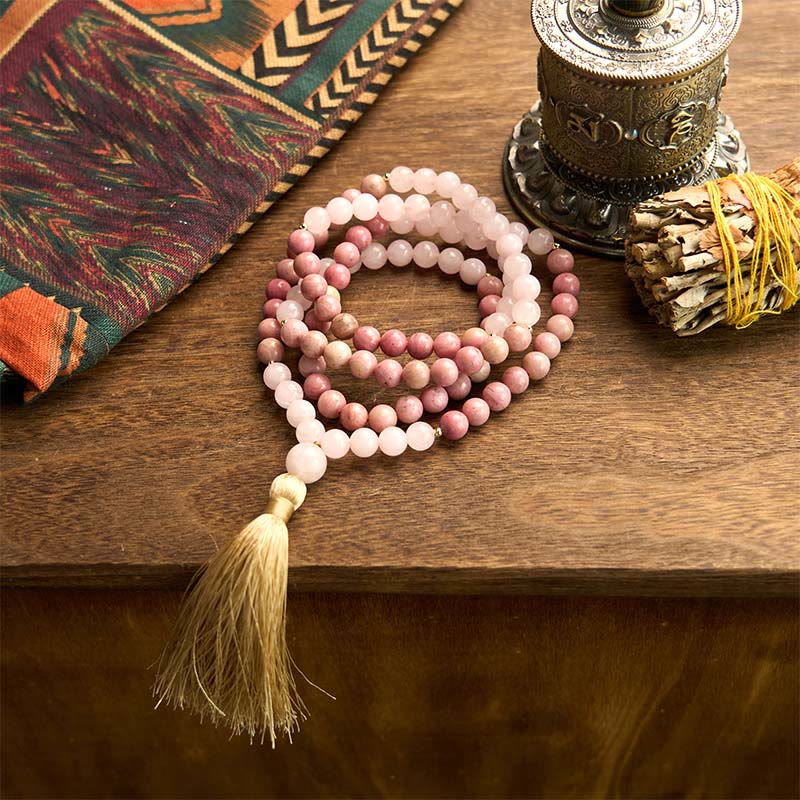 108 Beads Rhodonite Rose Quartz Mala Bracelet