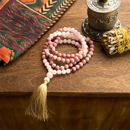 108 Beads Rhodonite Rose Quartz Mala Bracelet