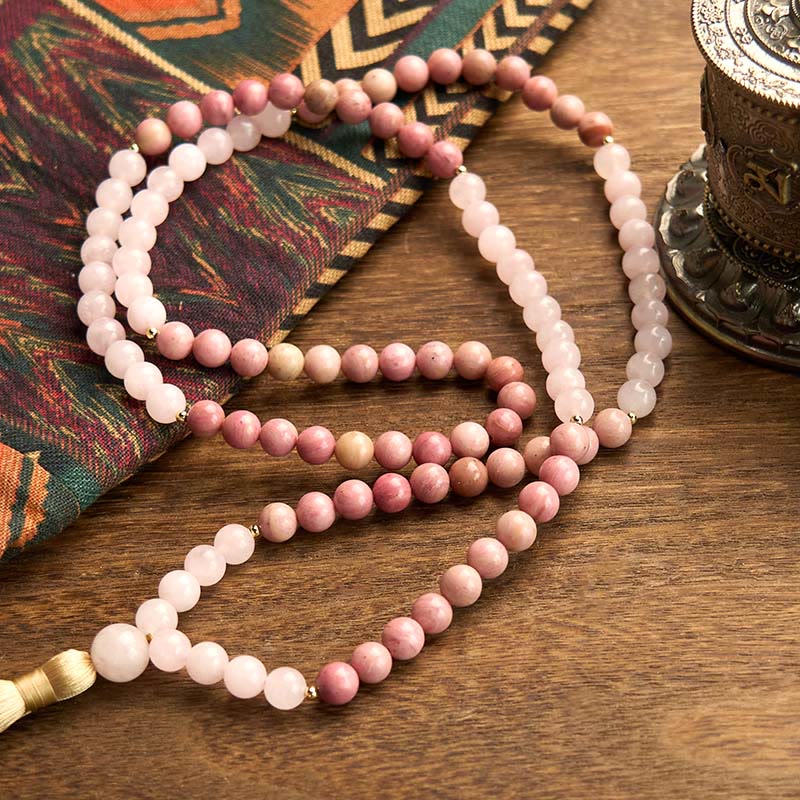 108 Beads Rhodonite Rose Quartz Mala Bracelet