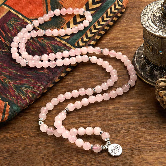 108 Beads Rose Quartz Lotus Mala Bracelet