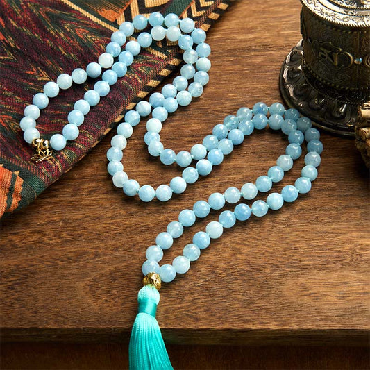 108 Beads Aquamarine Tassel Lotus Mala Bracelet
