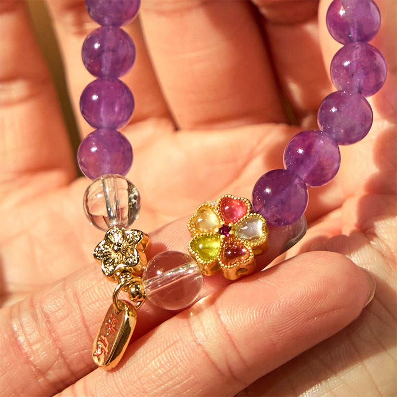 Amethyst-Weißkristall-Blumen-Charm-Armband