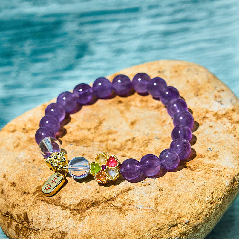 Amethyst White Crystal Flower Charm Bracelet by Worn Within