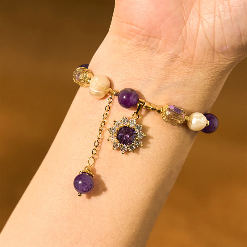 Amethyst Pearl Sunflower Bracelet