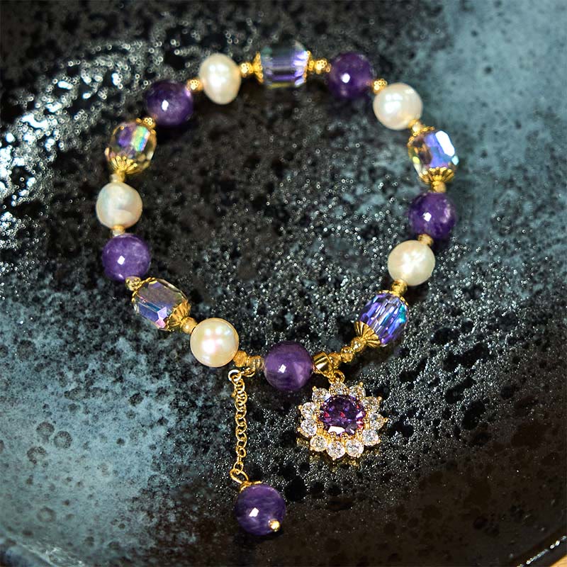 Amethyst Pearl Sunflower Bracelet