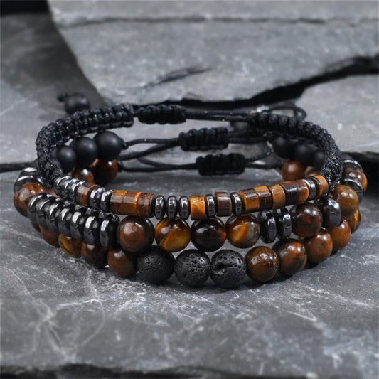 3Pcs Tiger's Eye Lava Rock Bracelet