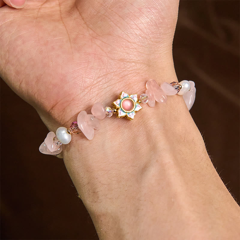 Gravel Rose Quartz Flower Pearl Bracelet