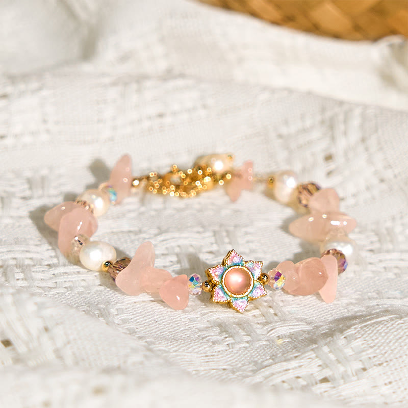 Gravel Rose Quartz Flower Pearl Bracelet
