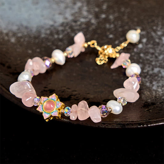 Gravel Rose Quartz Flower Pearl Bracelet by Worn Within