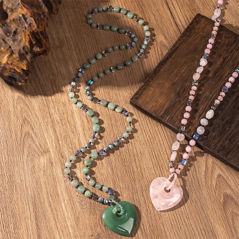 Rose Quartz Green Aventurine Heart Beads Necklace