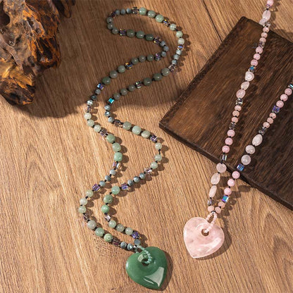 Rose Quartz Green Aventurine Heart Beads Necklace