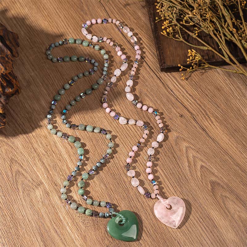 Rose Quartz Green Aventurine Heart Beads Necklace