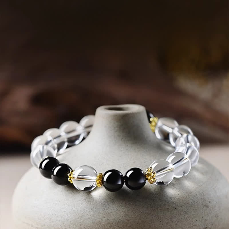 Clear Quartz Obsidian Bead Bracelet