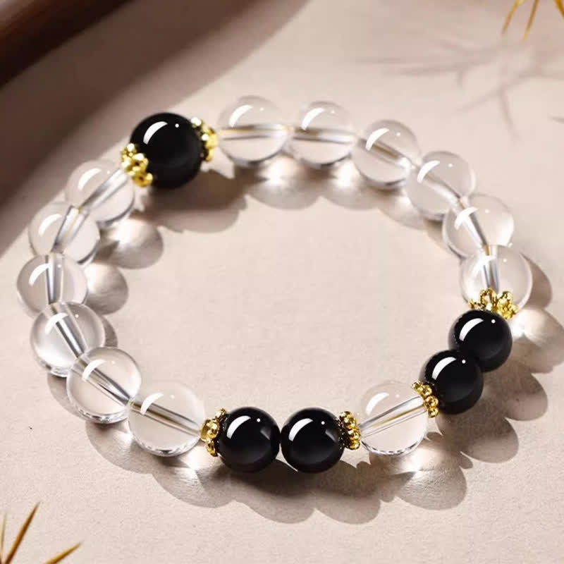 Clear Quartz Obsidian Bead Bracelet
