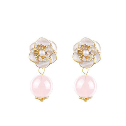 Rose Quartz Camellia Drop Earrings