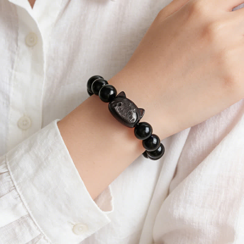 Silver Sheen Obsidian Cat Bracelet