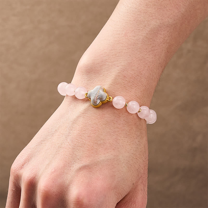 Rose Quartz Brocade Clover Charm Bracelet