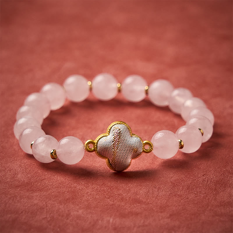 Rose Quartz Brocade Clover Charm Bracelet by Worn Within