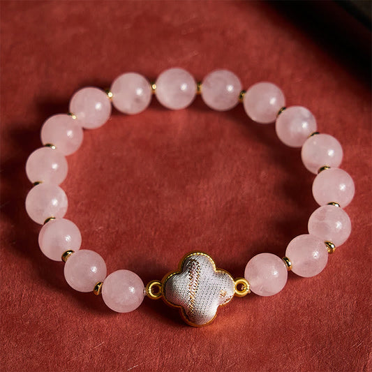 Rose Quartz Brocade Clover Charm Bracelet