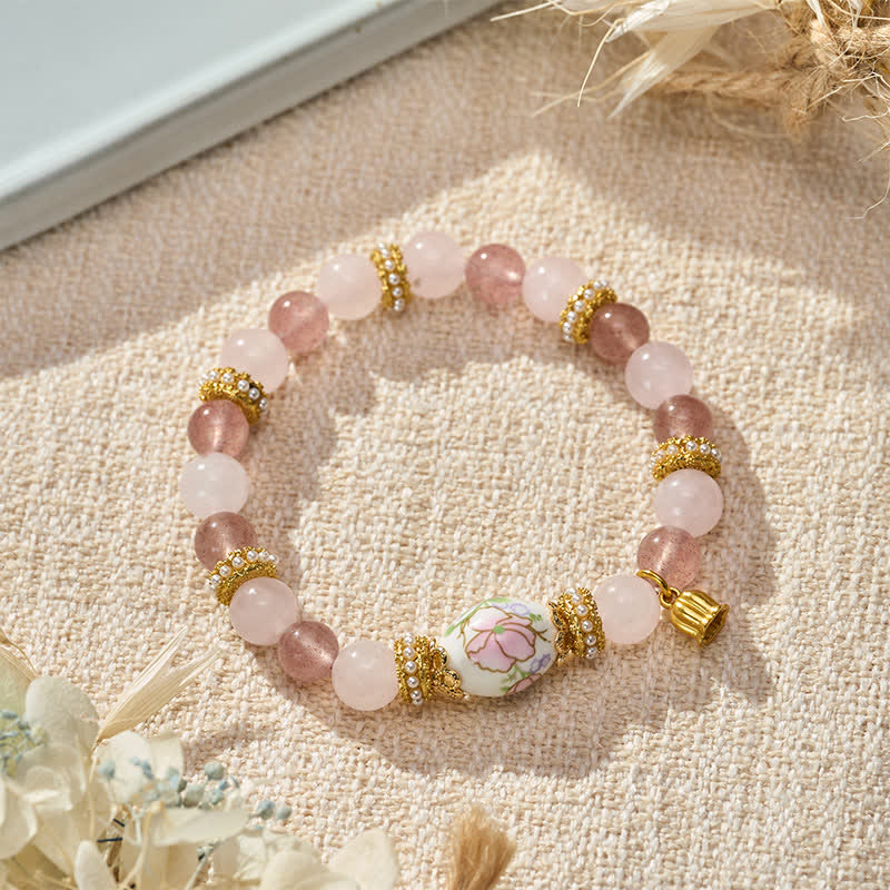 Strawberry Rose Quartz Lotus Bracelet