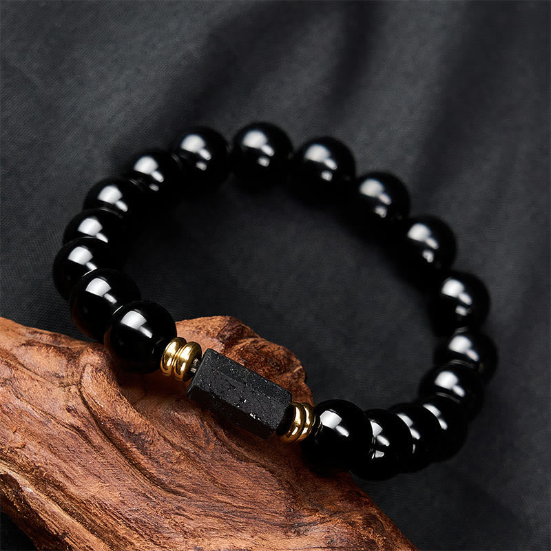 Obsidian Tourmaline Round Bead Bracelet